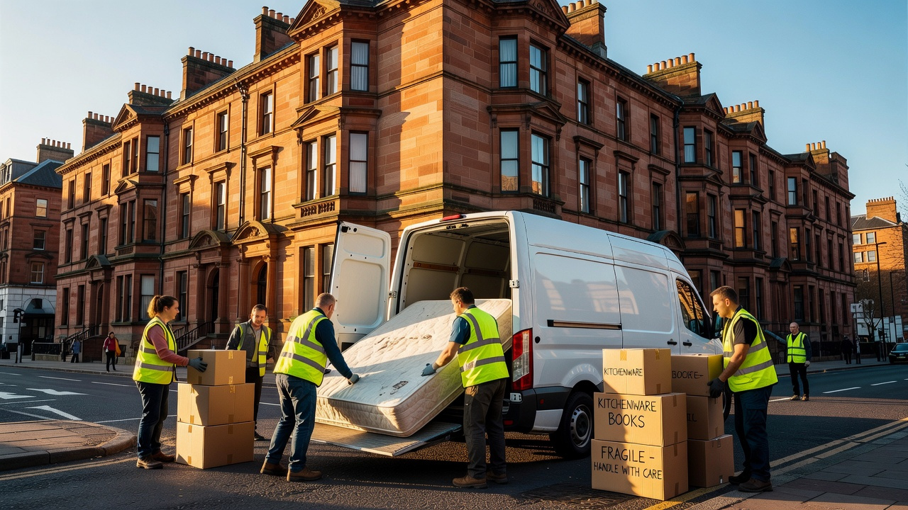 A cinematic wide-angle photograph of a professional house clearance team in high-visibility vests loading a mattress and several sealed cardboard boxes into the back of a large white van. The scene takes place on a street outside a classic red sandstone Victorian tenement building in Glasgow on a crisp, bright morning. Golden hour lighting hits the sandstone, creating long shadows and a sense of industrious, optimistic forward momentum. Cinematic color grading with warm urban tones and high detail.